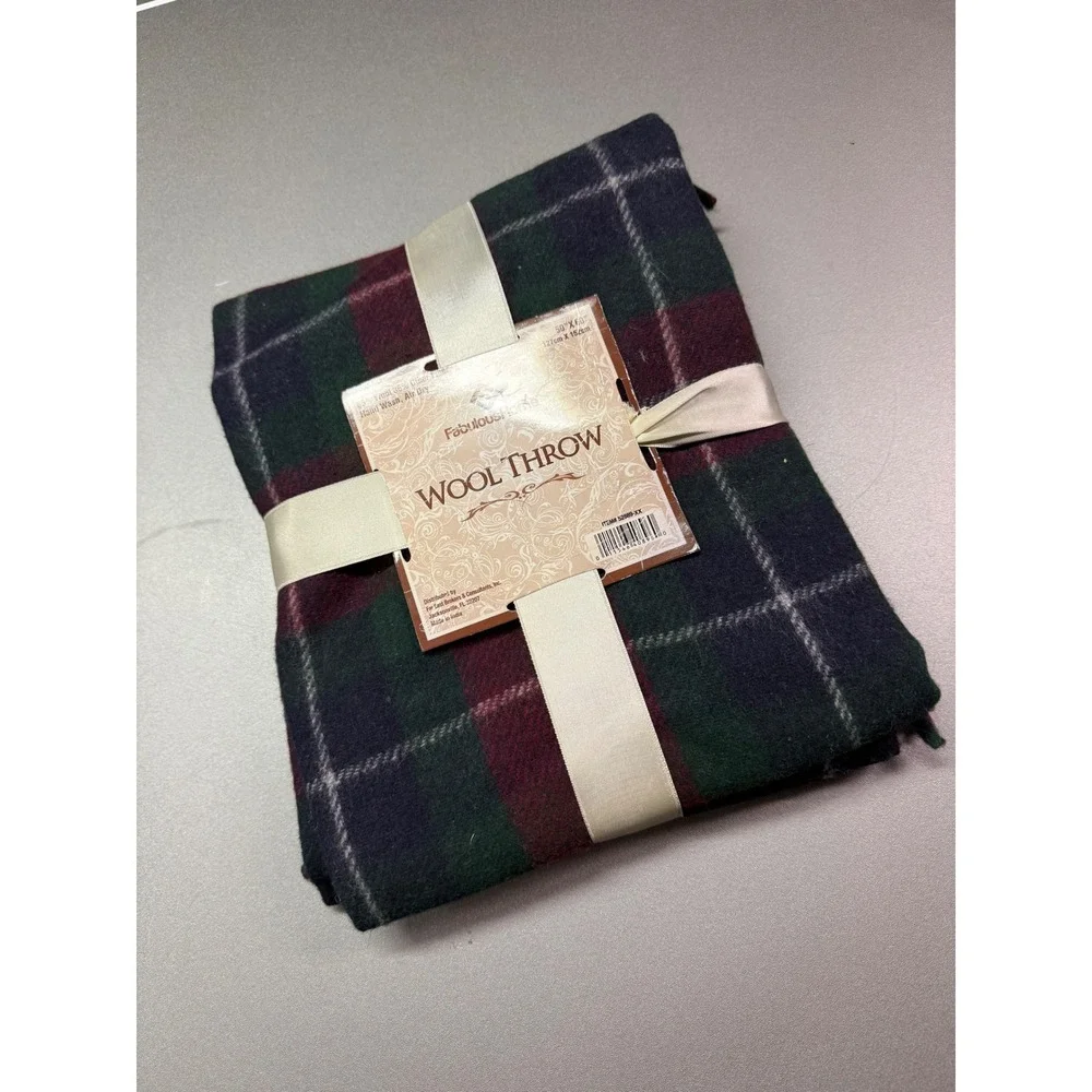 FabulousHome Wool Blend Throw Blanket Plaid Green Burgundy Navy 50x60 52889-XX